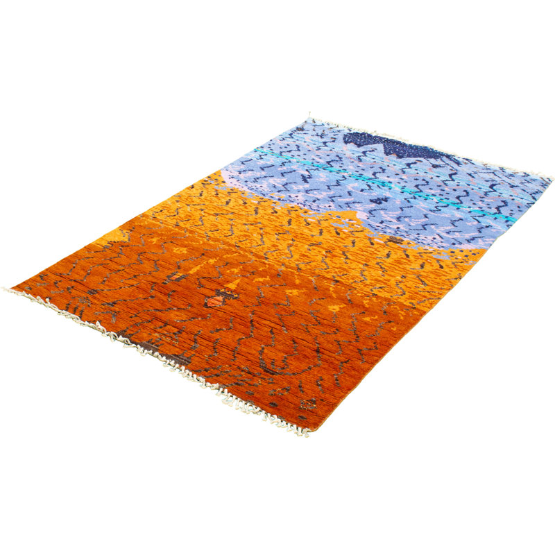 Tapis décoratif de laine bleu denim clair marocain de conception unique 5 pi 9 po x 9 pi noué à la main New Age pake