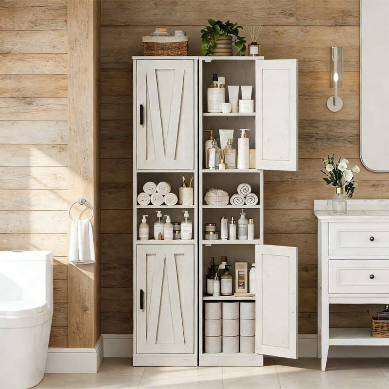 Tall Bathroom Cabinet With 2 Barn Doors, Farmhouse Style, Adjustable Shelves For Small Space, Cloud White