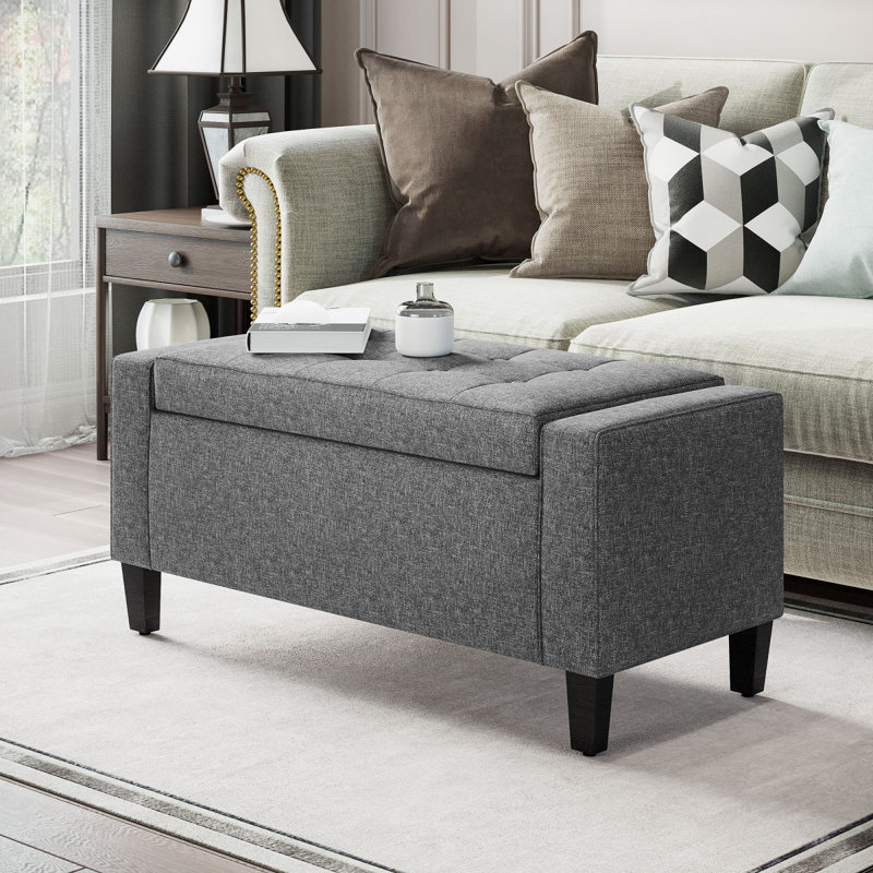 Banc de rangement rembourré en lin avec dessus relevable et boutons capitonnés pour le salon HOMcom, gris, Gray