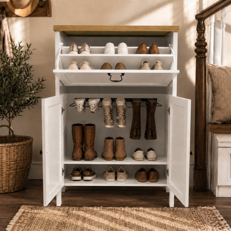 Armoire de rangement pour chaussures avec tiroir rabattable, porte-bottes et 6 pinces à bottes