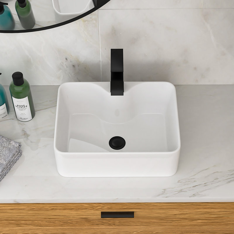 16"X12" White Ceramic Rectangular Vessel Bathroom Sink With Black Faucet & Black Drain