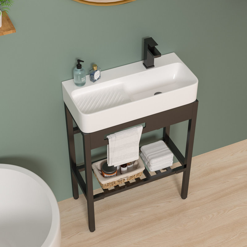 Lavabo de salle de bain console encastré à simple cuve en céramique avec planche à laver l 28 po x P 12 po