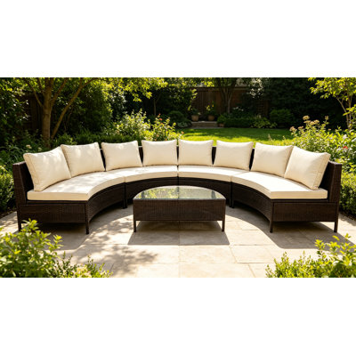 Ensemble de canapé modulaire d'extérieur en rotin PE 5 pièces toutes saisons, meubles de patio modulaires incurvés en demi-lune avec table basse en verre trempé