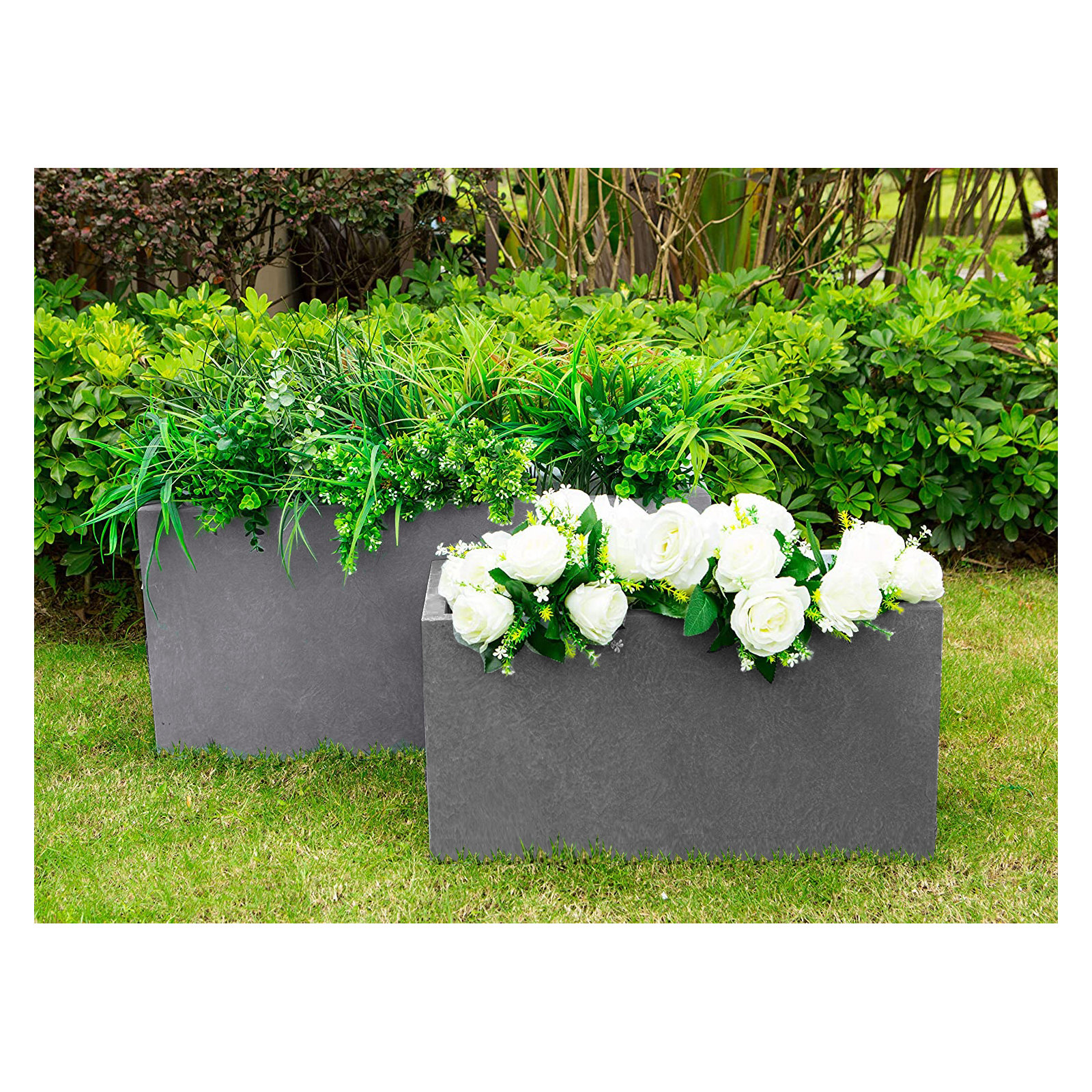 Tali 2 Piece Lightweight Modern Rectangle Outdoor Planters, 31 and 23 Inch Long, Natural Concrete Set