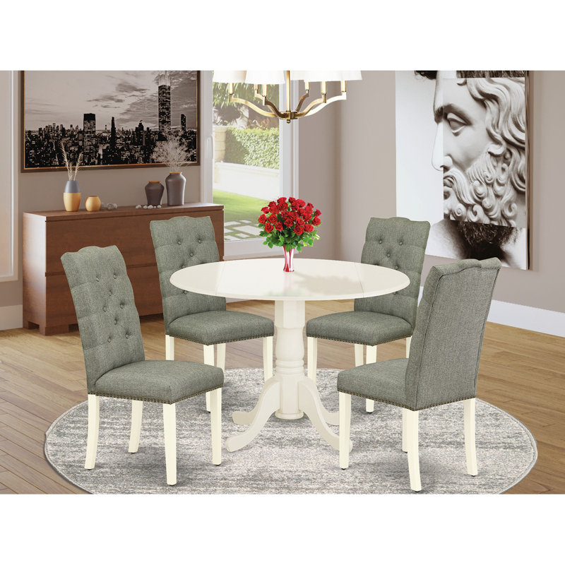 Ensemble de table de salle à manger 5 pièces comprenant une table ronde avec Dropleaf et 4 chaises Parson rembourrées en tissu gris, 42 x 42 pouces, blanc lin