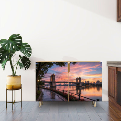 Sideboard Buffet Cabinet with Storage Romantic Sunset Beach Sparkling Heart Shapes Pink Roses with 2 Doors for Living Room and Kitchen