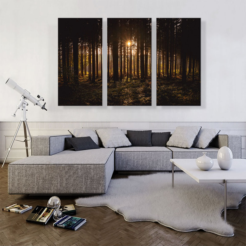«Sunset Shining Through a Thick Forest», ensemble de 3 reproductions de photos sur toiles tendues, H 40 po x l 60 po x 1,5 po