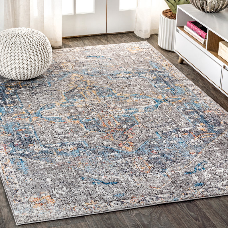 Stitt Vintage Medallion Gray/Mustard/Turquoise Rug, Rectangle 5'3" x 7'7"