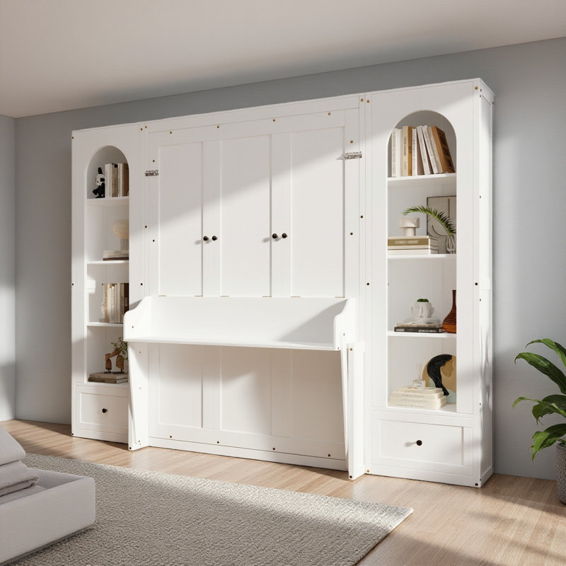 Grand lit plateforme escamotable avec tablette, armoires latérales, tiroirs et DEL, Blanc