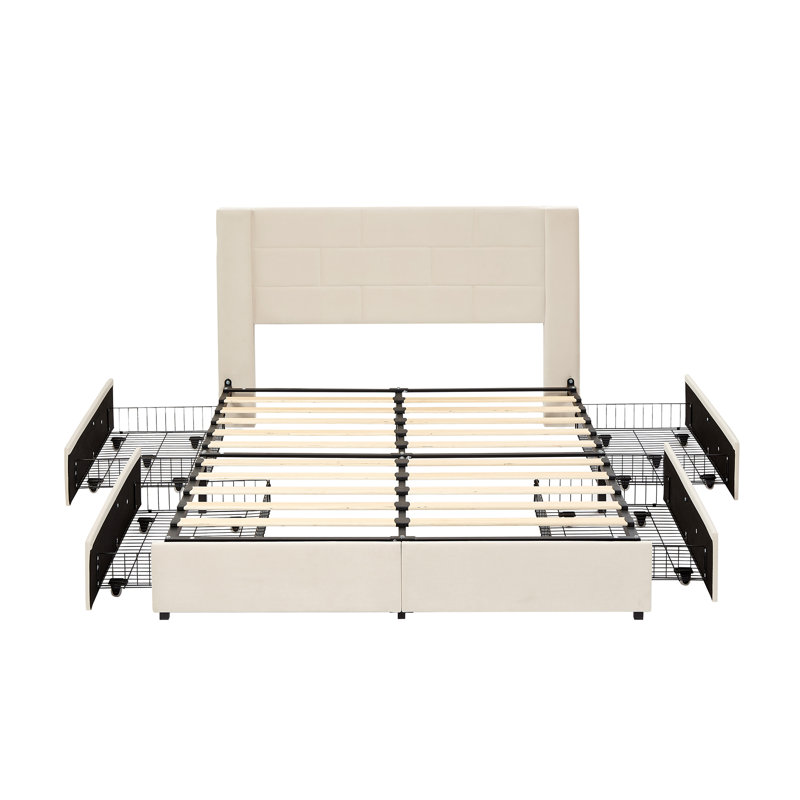 Denman King Size Bed Frame with 4 Storage Drawers and USB Ports Charging Station Platform Bed, Full/Double, Beige