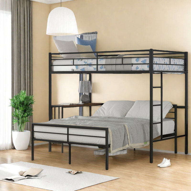 Space-saving Twin Over Full Metal Bunk Bed With Integrated Desk, Modern Design