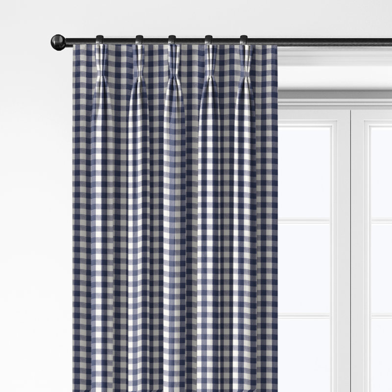 Walker Check Indigo/Ivory Cotton Pinch Pleat Drapery Panel Set of 2, 40" W x 156" L