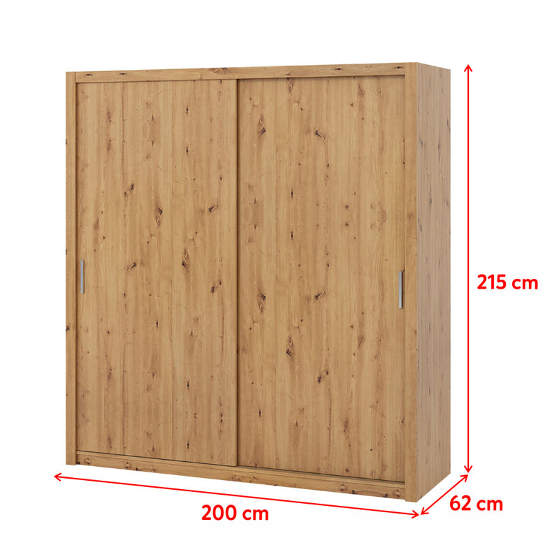 Frazierii 2 Door Solid Wood Wardrobe, 215cm H x 200cm W x 62cm D, Artisan Oak