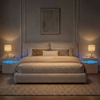 Modern LED Nightstand with Built-in Light, 2/3 Drawers, Set of 2, Bedside Table with Ambient Lighting & Storage for Bedroom