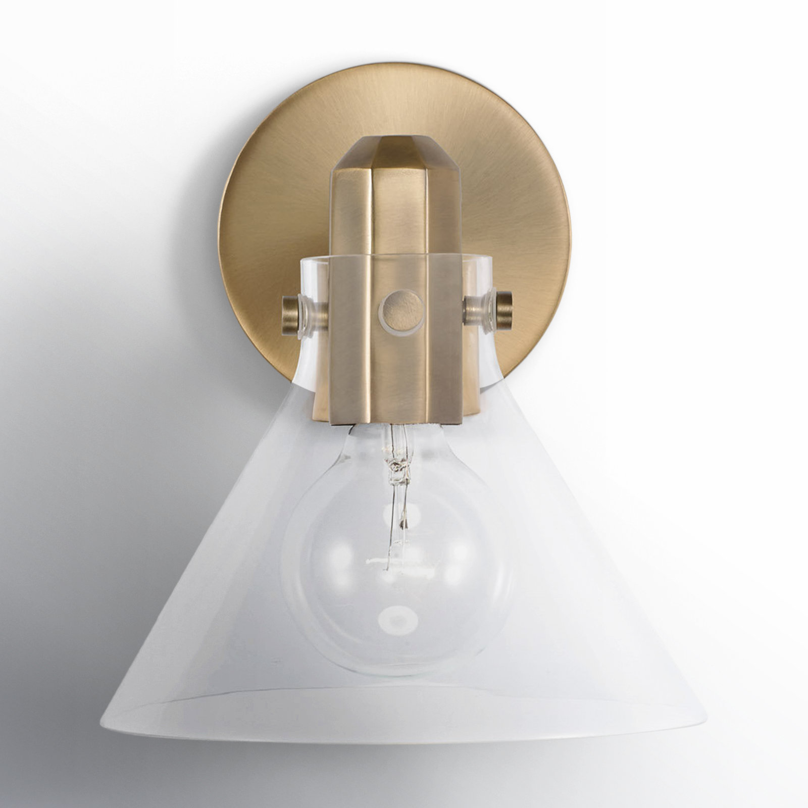 Single Light Glass Dimmable Armed Sconce, Aged Brass