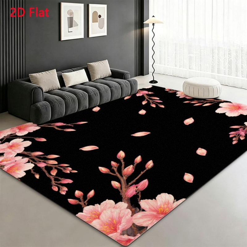 Large Area Rug, Pink Cherry Blossom Floral Pattern, Machine Washable Non Slip, Indoor Decor for Living Room Bedroom Entryway Front Door Kitchen Balcony Apartment Cozy Home