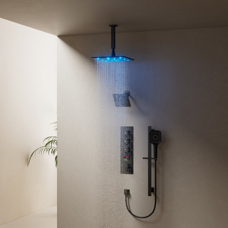 Thermostatic Digital Dual Shower System Set, 12" LED Rainfall Shower Head with 4-Function Hand Shower