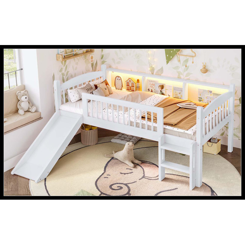 Lit mezzanine simple TG avec tablettes de rangement, lit mezzanine inférieur en bois massif avec lumières DEL et garde-corps pleine longueur, sans sommier tapissier, blanc