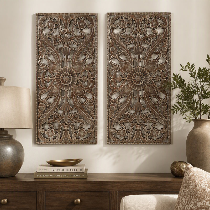 Ensemble de 2 décorations murales en bois sculpté vieilli, Bronze