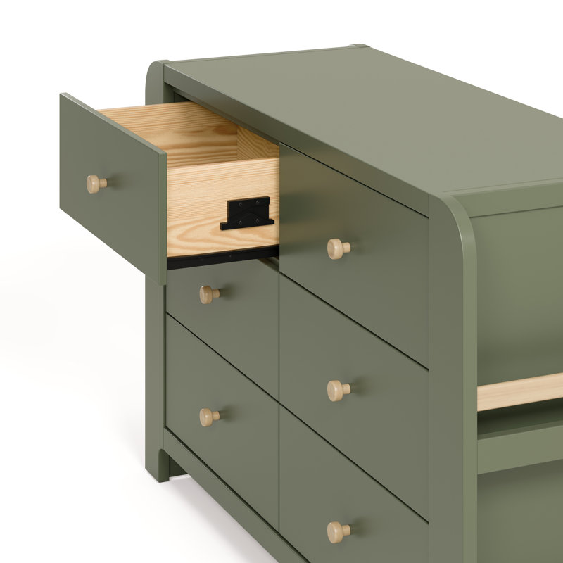 Commode 6 tiroirs avec bibliothèque Read-With-Me, Olive / bois flottant