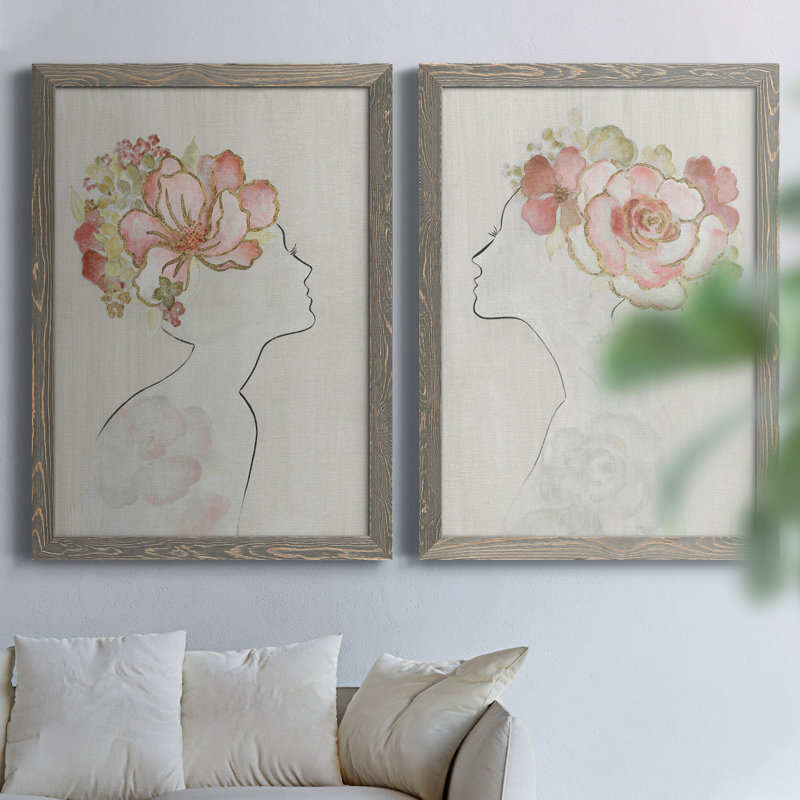 Fashion Floral Silhouette I - Ensemble de 2 peintures sur toile encadrées, H 24 po x l 36 po x P 1,5 po, Cadre gris