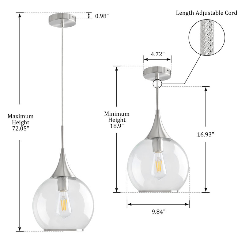 1 - Light Single Pendant With Clear Glass, Brushed Nickel
