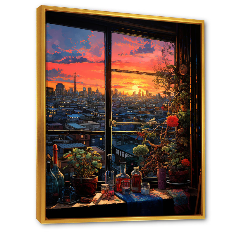 Coucher de soleil à la fenêtre de Tokyo vue de III - Japon, art mural, Cadre flottant doré, H 40 po x l 30 po x P 1,5 po