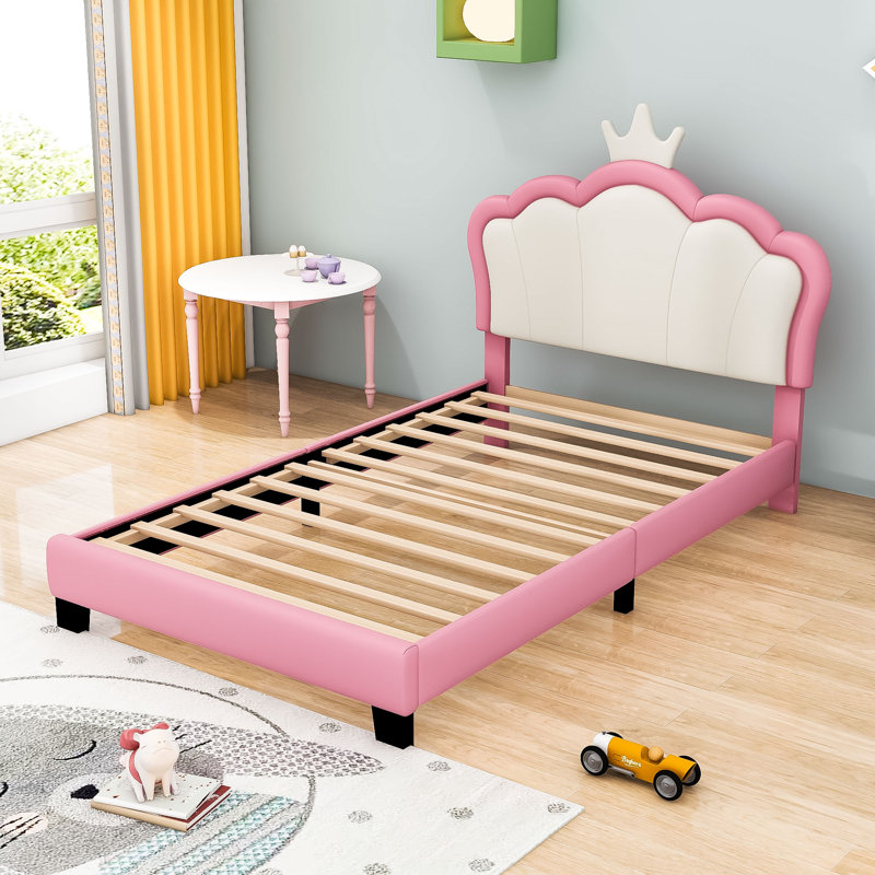 Lit plateforme tapissier avec tête de lit en forme de couronne, Simple