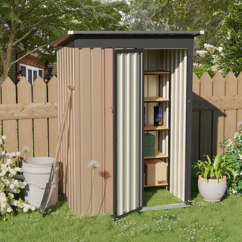 Abri de jardin en métal avec toit pentu, 67.6" H x 57" W x 29.8" D, Noir et brun