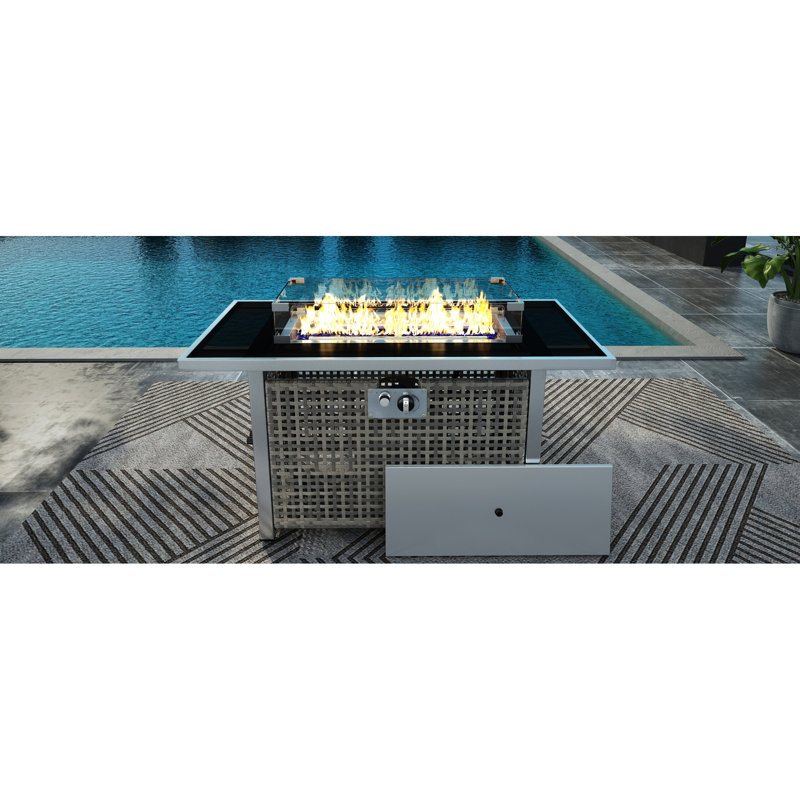43 Inch Rectangular Propane Fire Pit Table, 60000 , Grey With Open Weave Pattern, Featuring Blue Glass Stones And Tempered Wind Guard For Outdoor Spaces 43" Gas Bohemian Design, Removable Lid, Garden