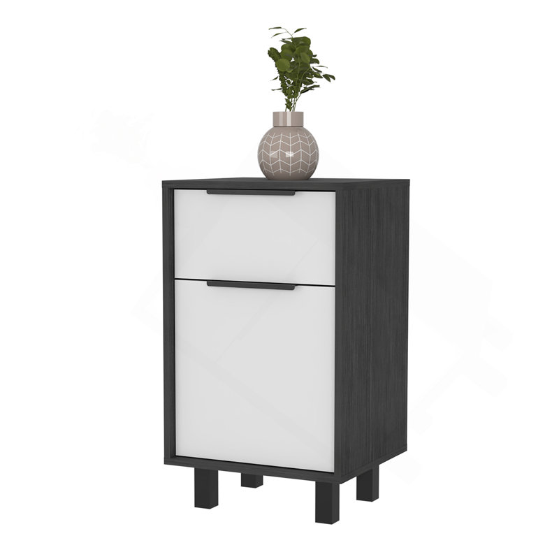 Kaia Z Nightstand , End Table, Side Table One Drawer, One Cabinet,  Four Legs, Superior Top -Smokey Oak / White
