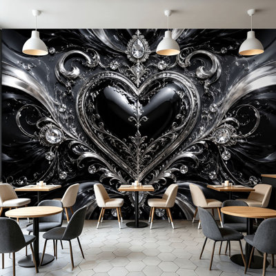 Peler et coller le papier peint, luxueux, noir, argent, cœur, orné de cristaux filigranes, art mural auto-adhésif et amovible