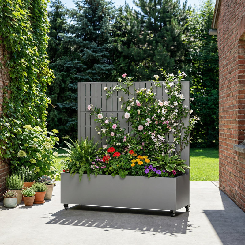 Boîte à fleurs en métal avec treillis et roues, H 47 po x l 47 po x P 16 po, Gris, 1