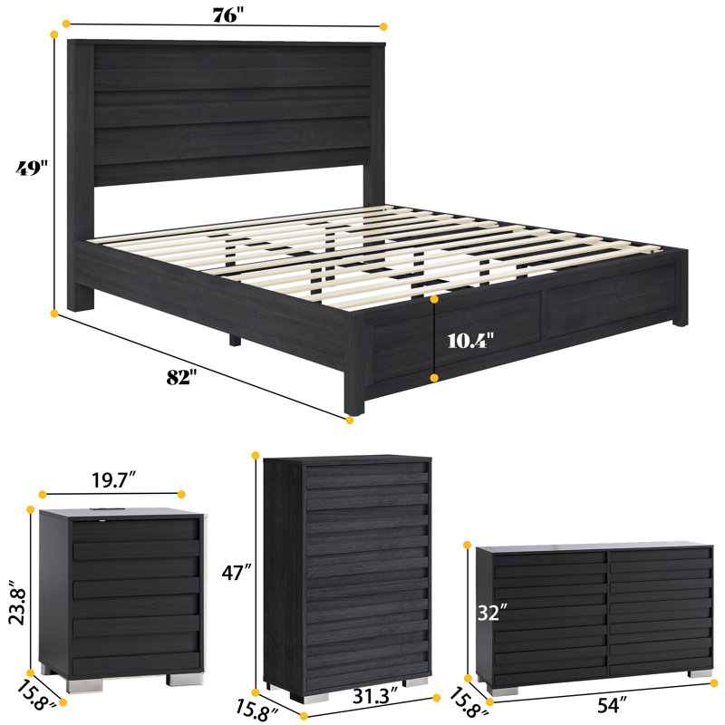  Ensemble de chambre à coucher avec très grand lit de 5 pièces Louby, noir, Noir, Très grand