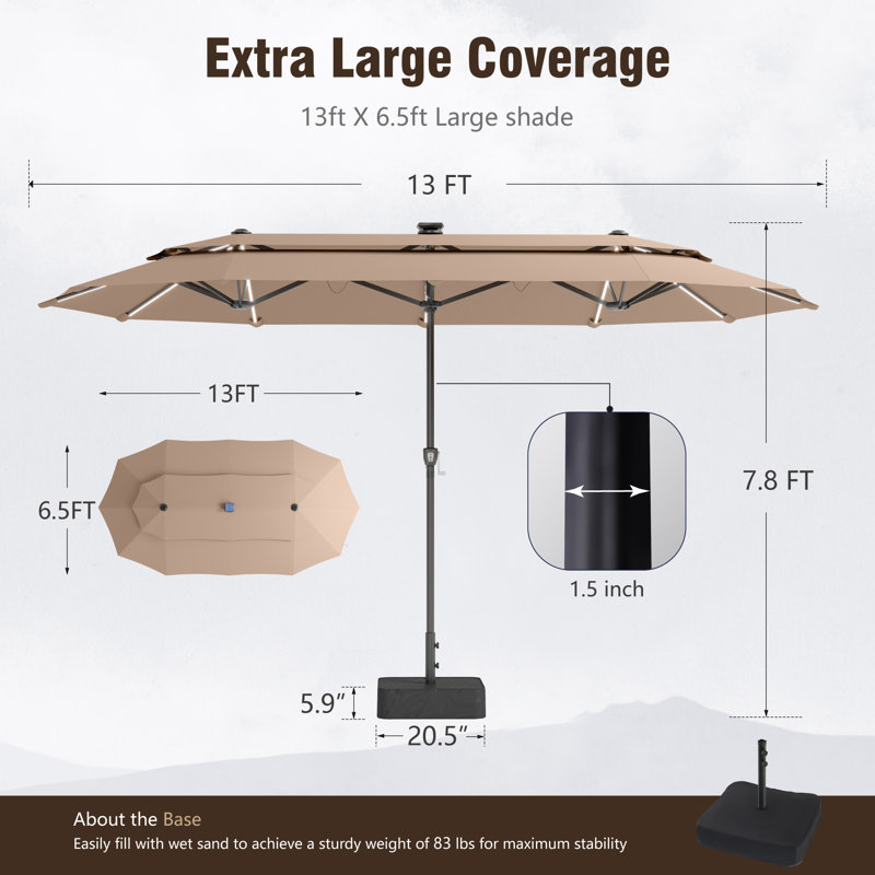 Parasol de marché rectangulaire 156 po x 78 po avec base rectangulaire et 16 lumières changeantes de couleur, parapluie de marché rectangulaire double face à 2 niveaux
