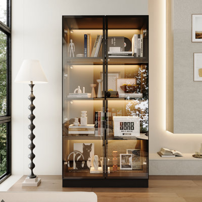 160CM High Display Stand With 3-Colour Led Lighting & Mirrored Back - 4-Tier Glass Showcase