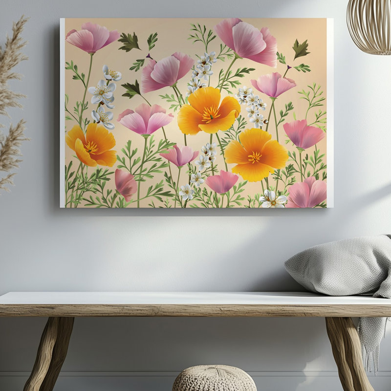 Reproduction d'art sur toile, "Composition florale" mettant en vedette des fleurs délicates roses et oranges, entrelacées avec un feuillage vert