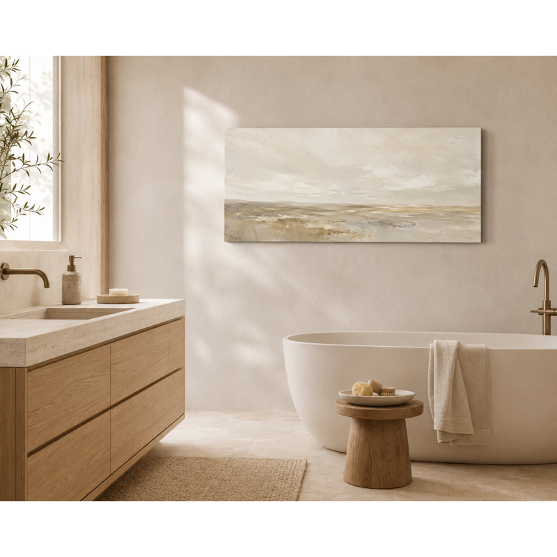 Paysage côtier abstrait beige et gris enveloppé Ingeburg, L 40 po x H 20 po x P 1,5 po