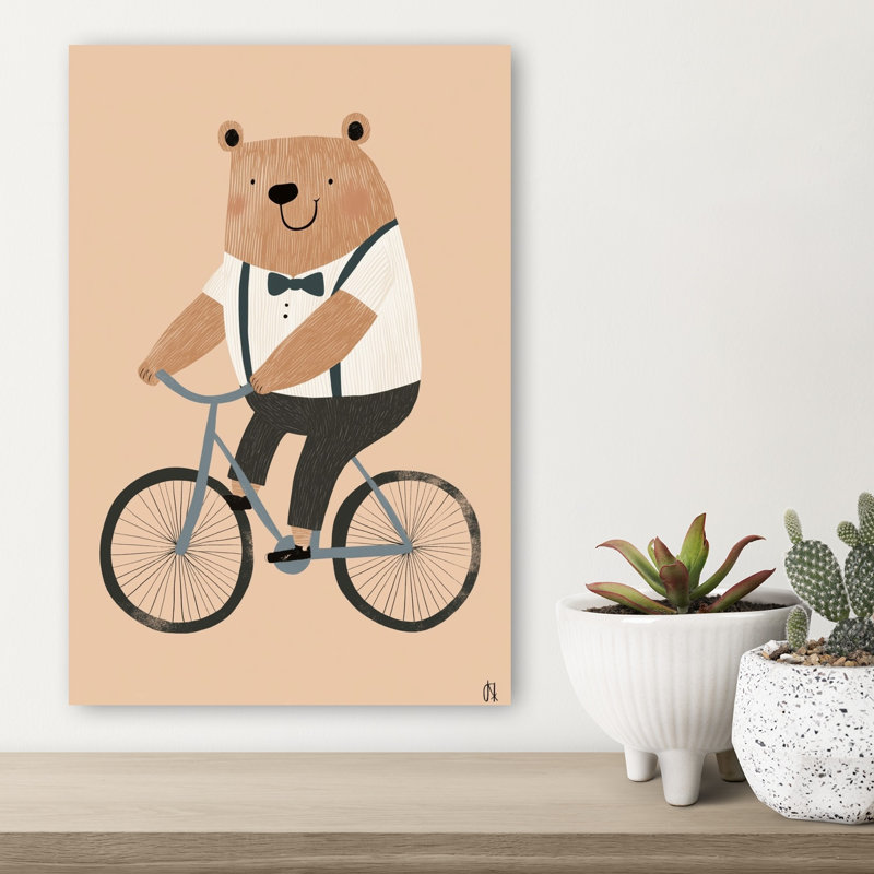 «Dapper Bear Cycling Playful Whimsical Contemporary», reproduction d'art murale, H 18 po x l 12 po