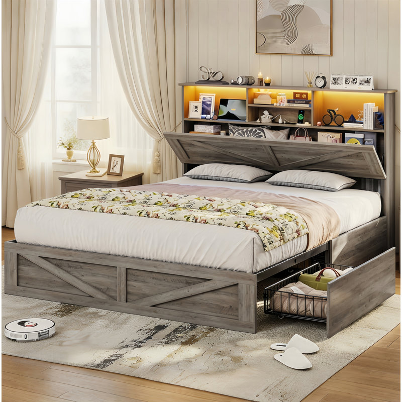 Queen Bed Frame with Spacious Storage Headboard and 4 Drawers Farmhouse LED Metal Platform Bed with Charging Station No Boxing Need