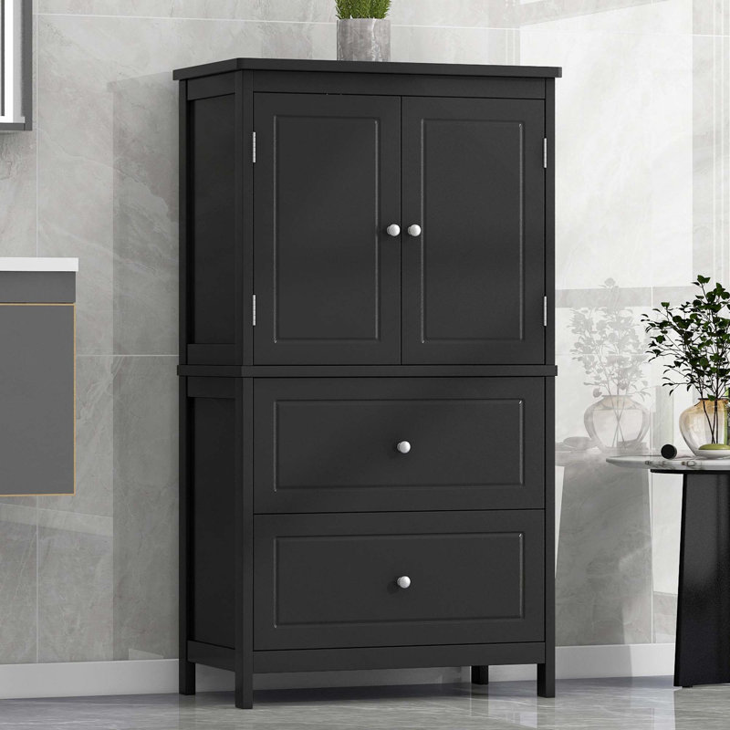 Bathroom MDF Board Storage Cabinet With 2 Doors, Drawers & Adjustable Shelf, Black