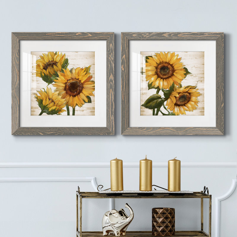 Tournesol d'été I - ensemble de 2 peintures, Papier dans un cadre photo, H 17 po x l 34 po, Gris