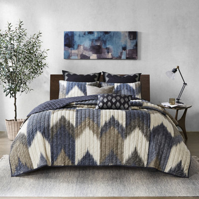 3 pièces courtepointe en coton bleu marine / grand - imprimé cassé, 2 taies décoratives incluses, matelassage en canaux, literie