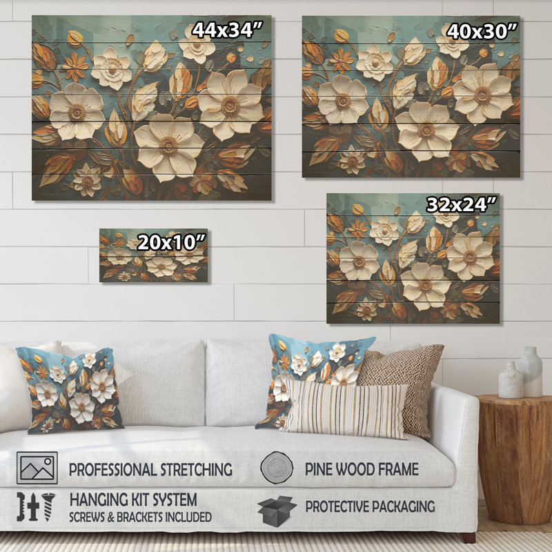 Blanc et or, charmante fleur de printemps élégante IV - Fleurs sur bois, H 10 po x l 20 po x P 0,78 po
