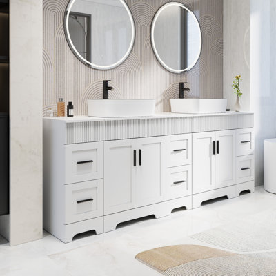 Akron 84" Double Sink Bathroom Vanity Set With Manufactured Wood Top, Vessel Sinks, Faucets And Drains, Water-resistant Paint