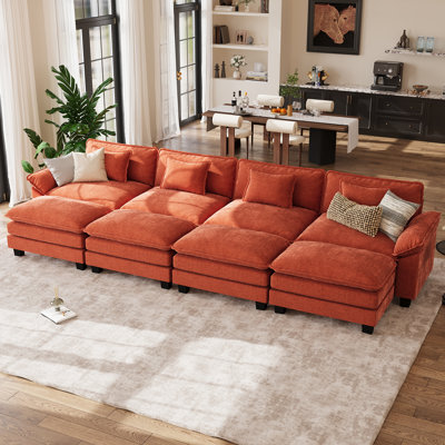 Canapé modulaire en forme de U de 154 po Brazell avec siège profond, canapé Cloud avec quatre repose-pieds et coussins amovibles - orange