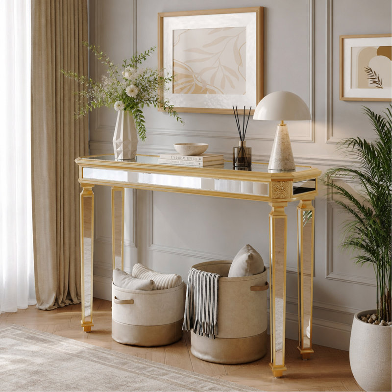 Miroir console rétro à grain de bois pour l'entrée, canapé, salon, l 48 po x H 32,68 po x P 14 po, doré