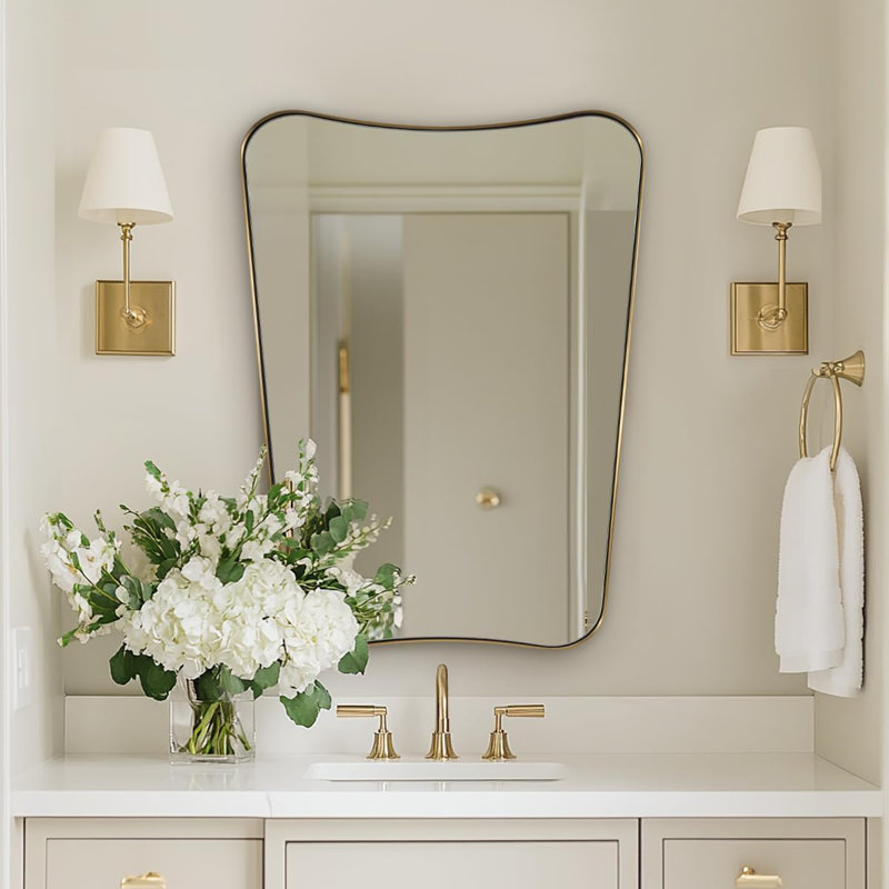 Contemporary Concave Scalloped Irregular Bathroom Vanity Mirror | Stainless Steel Frame, Brushed Gold, 30" x 22"