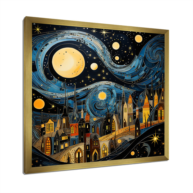 Collage au clair de lune bleu et jaune de la ville I - art mural paysage urbain, Cadre doré simple