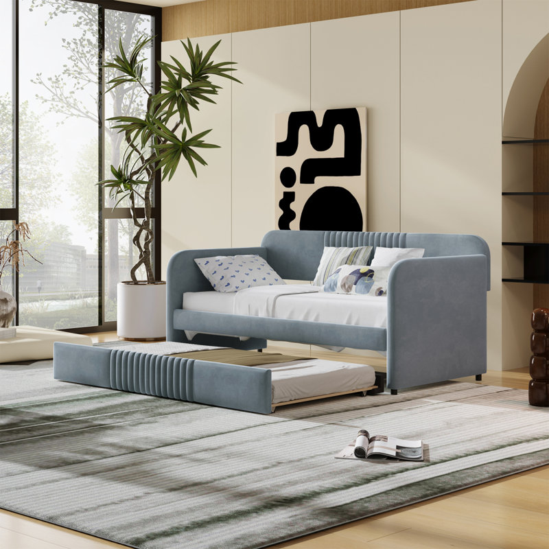 Kacy Upholstered Daybed with Trundle, Sofa Bed, Twin, Gray 1